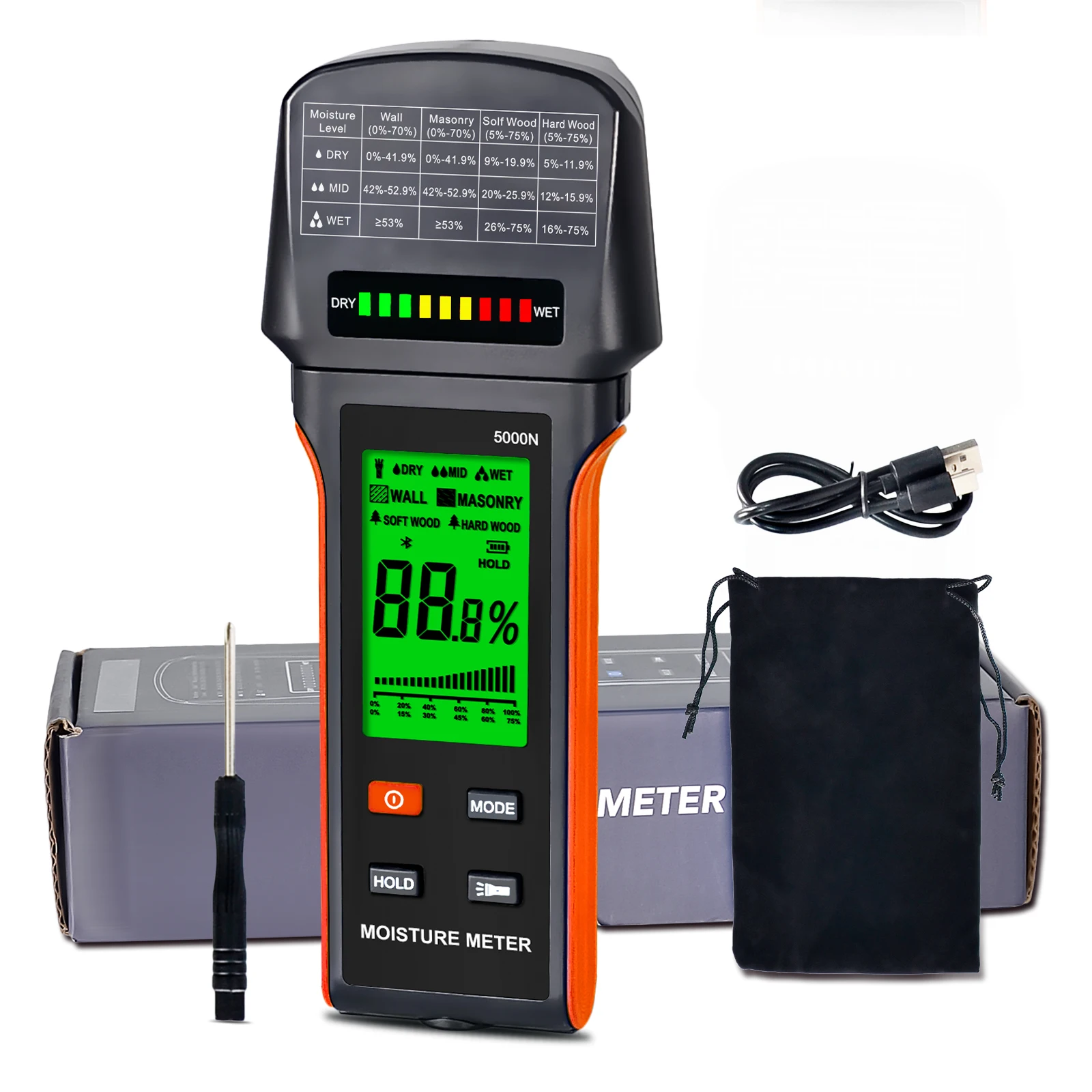 

Moisture Meter with LED Status Indicators, 4 Material Modes (Wall/Masonry/Hardwood/Softwood), Data Storage, Professional