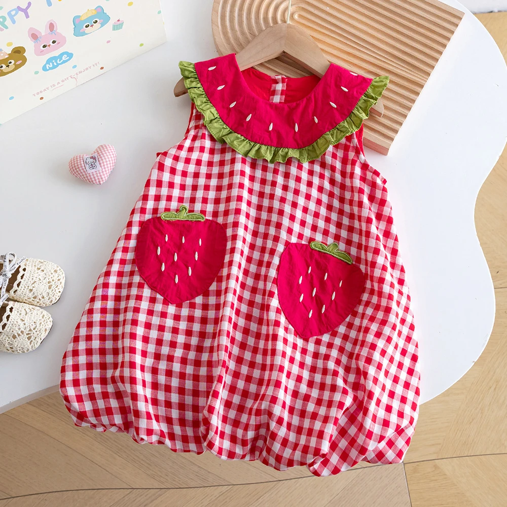 Baby Girls Strawberry Dress Summer Sweet Ruffles Plaid Bubble Dresses Toddler Sleeveless Princess Dress Kids Clothing