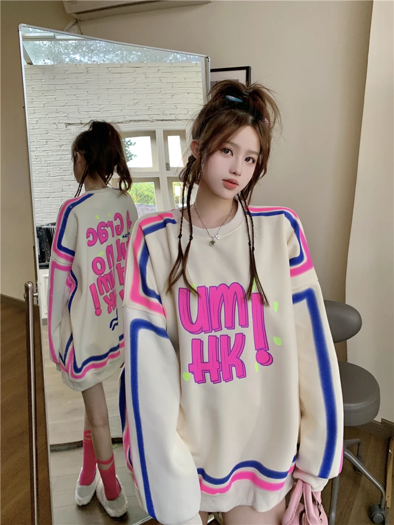 

2024 New Autumn American Style Designed Advanced Colorful Fashionable Niche Round Neck Pullover Sweatshirt for Women