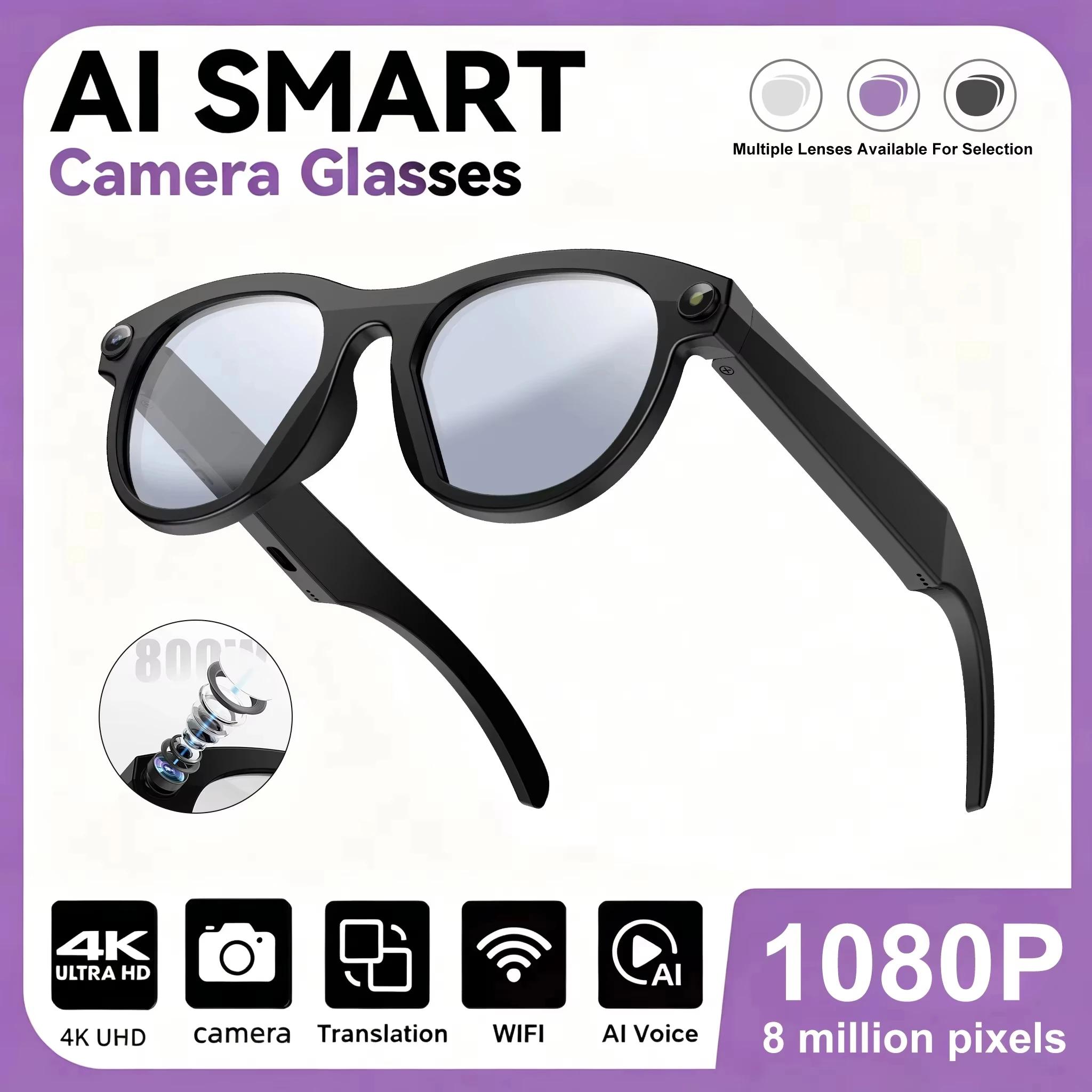 Lenovo 8K 1600W AI Smart Glasses HD Camera Real-time Translation Bluetooth Call Shoot Audio Video Music Play Sunglasses 2027NEW