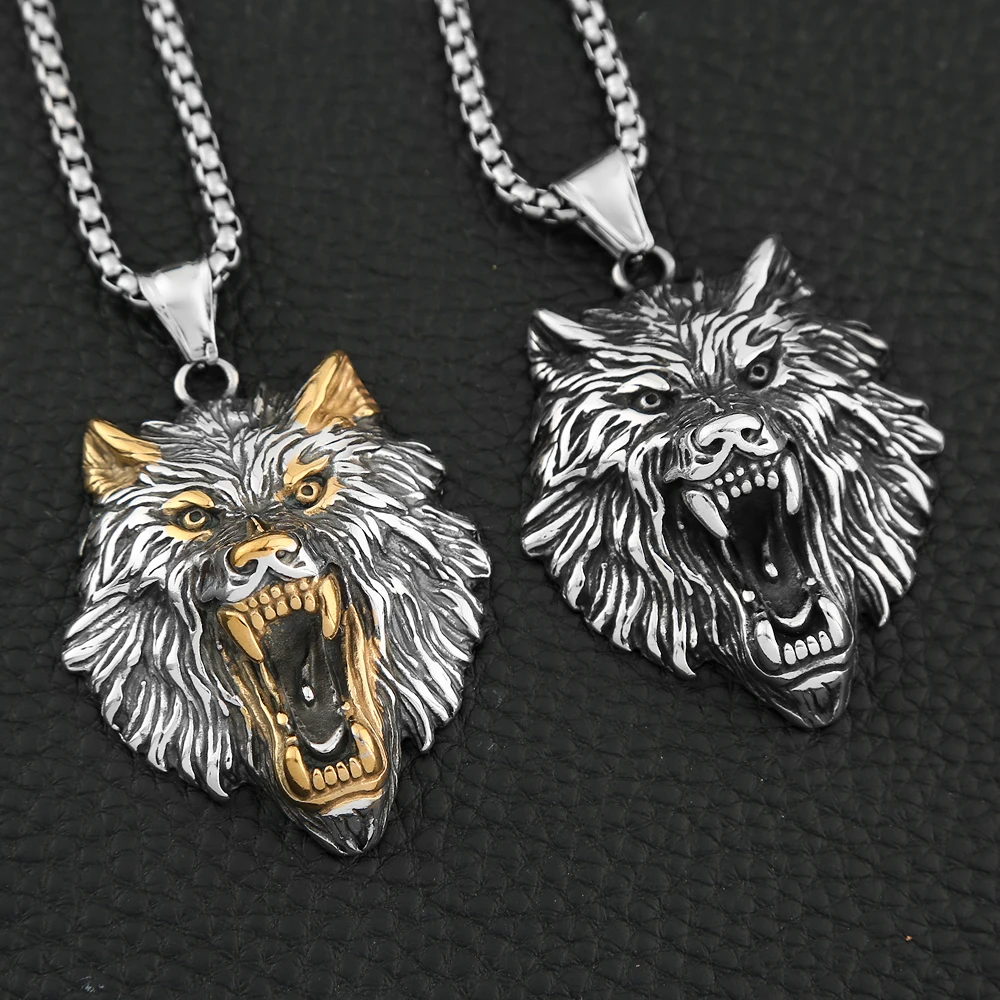 Roaring Wolf Head Pendant Stainless Steel Necklace Nordic Wild Animal Totem Pendant Unisex Trendy Accessory Fashion Jewelry Gift