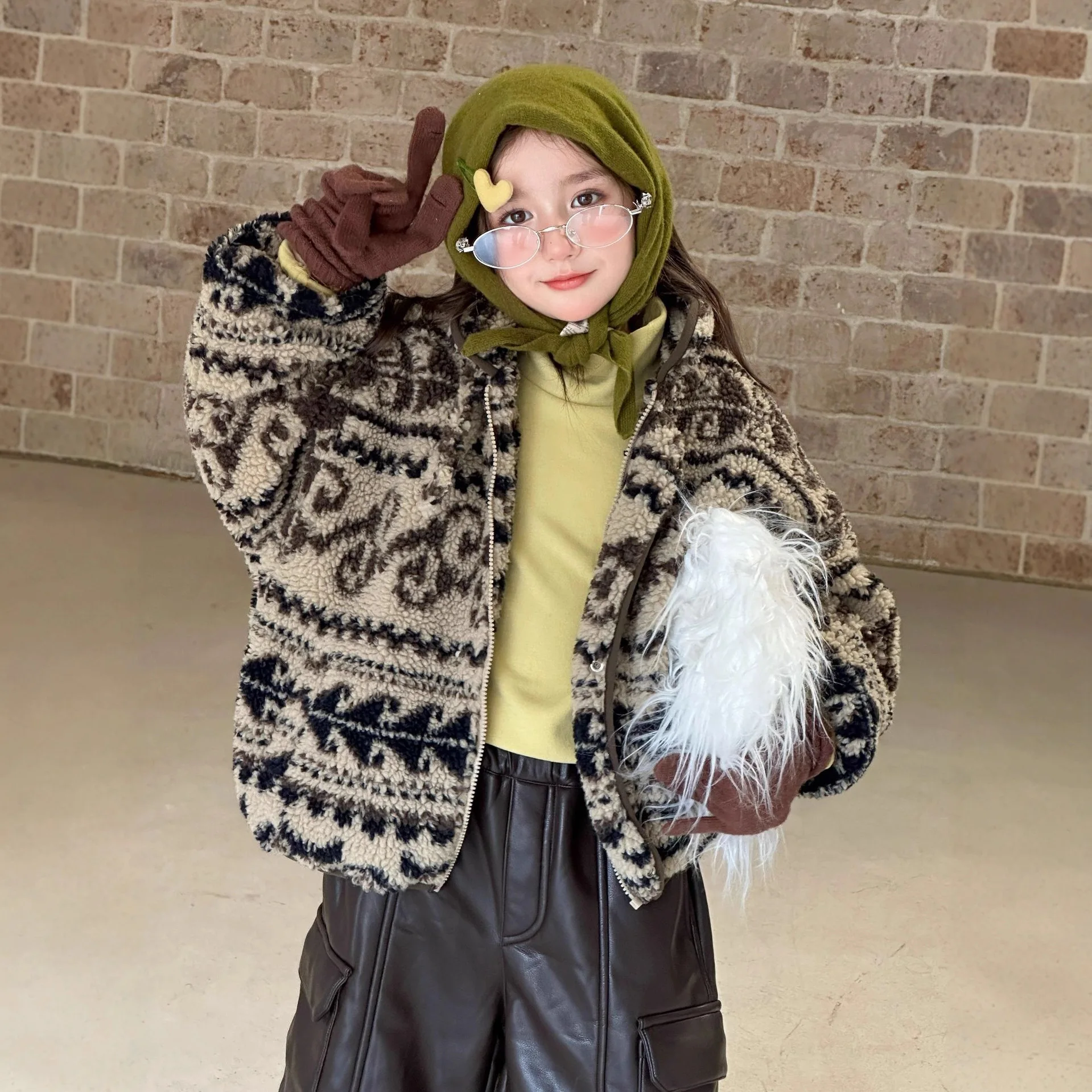 Winter Korean Children Girls Woolen Coat Jacquard Thick Warm Kids Girls Outerwear Coat Stand Collar Zipper Toddler Girls Jackets