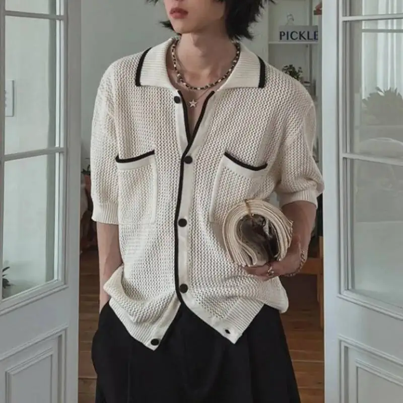 Korean Style Men's T-shirts Lapel Single Breasted Contrast Color Casual Knitting Tees Short Sleeved Loose Male Tops