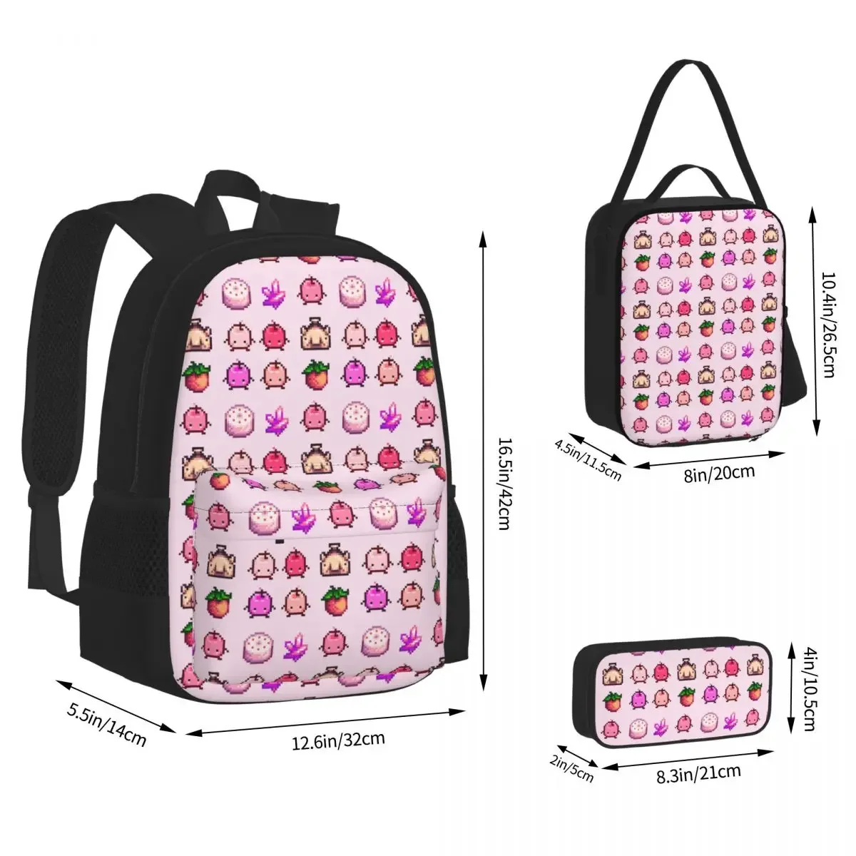 Stardew Valley Pink Junimo Set Backpacks Bookbag Students School Bags Cartoon Kids Rucksack Lunch Bag Pen Bag Three-Piece Set