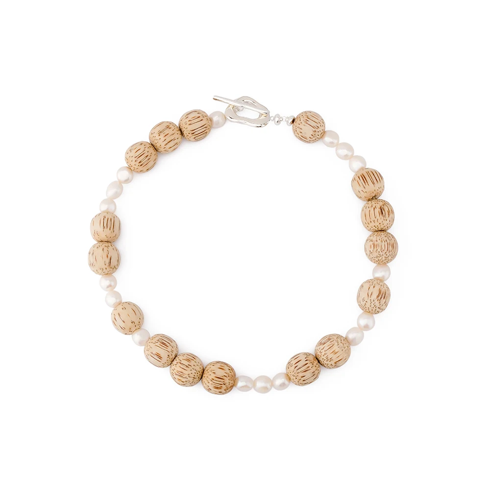 

AB/925 Silver Handmade series Natural wood beads and pearls irregular collocation design exaggerated neutral jewelry necklace.