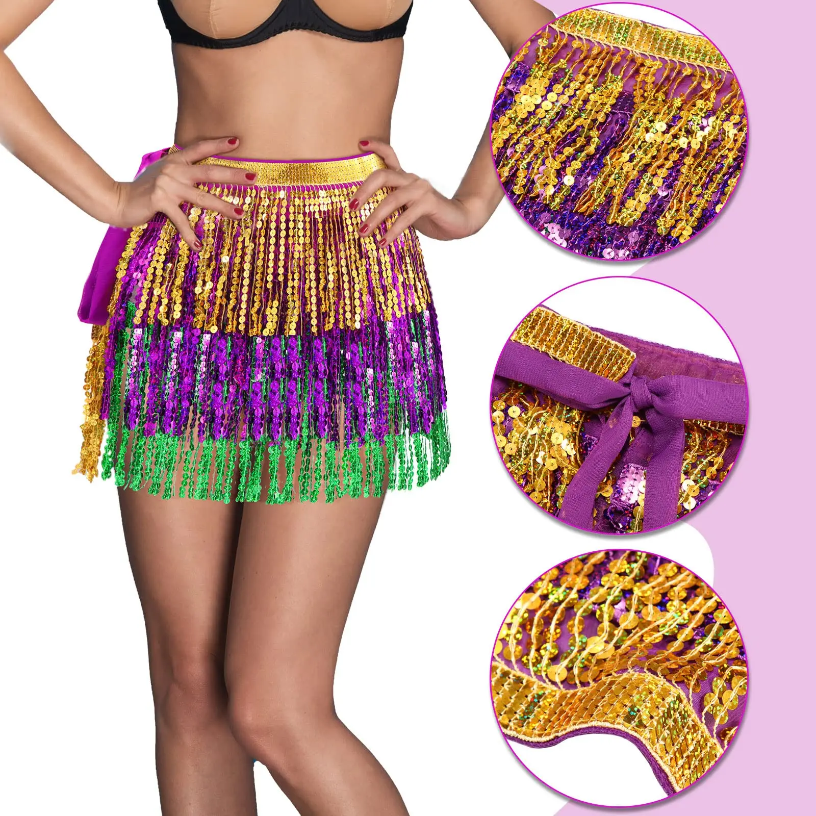  2 Pcs Mardi Gras Sequin Tassel Skirt Ladies Party Wear Outfits Women'S Belly Dancing Skirt Attire