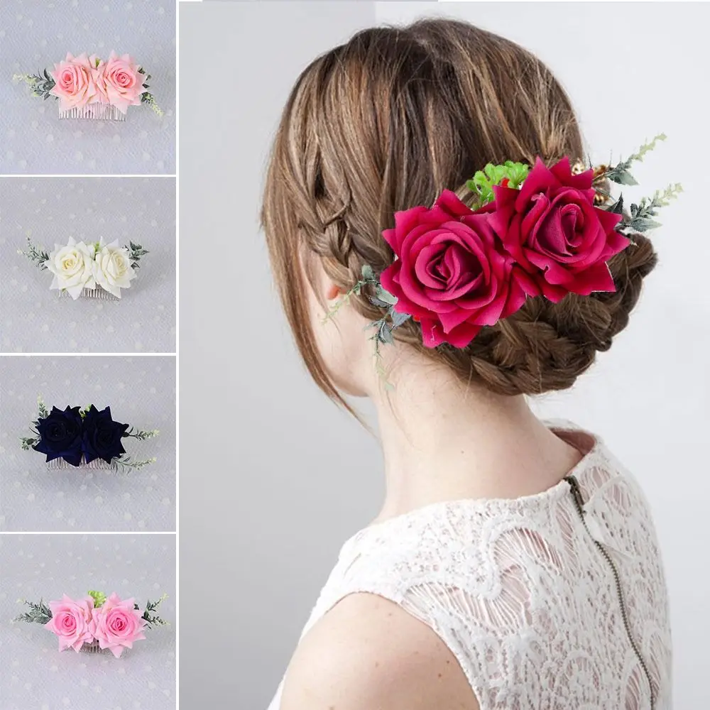 Tocado de seda doble romántico, peine de flores rosas, accesorios de boda, horquilla nupcial, pinza para el cabello