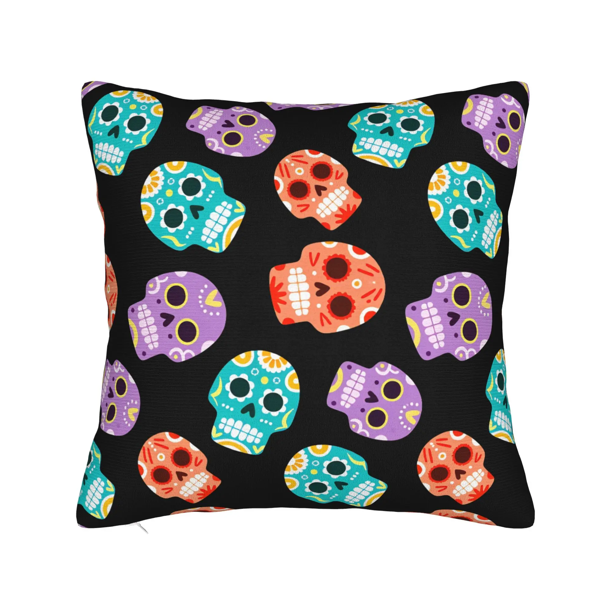 Black Grey Skull Face Día de los Muertos Pillow Case  Retro Trendy Pillow Cover Comfy Pillowcases For Chair Sofa Home Decor