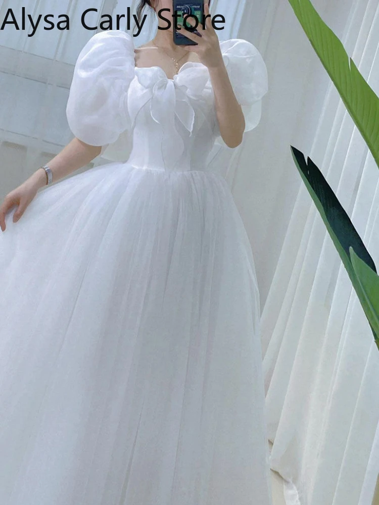 White Elegant Sweet Princess Dress Women Bow Puff Sleeve Korean Kawaii Midi Dress Female 2022 Autumn Casual Evening Party Dress