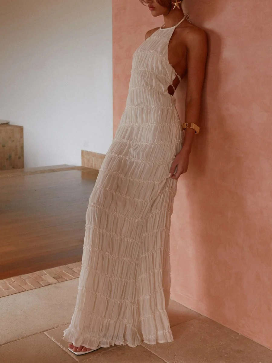 المرأة أنيقة عارية الذراعين فستان طويل الرسن التعادل الرقبة فستان ماكسي الصلبة فلوي شاطئ عطلة فستان الشمس الصيف الشارع الشهير #4