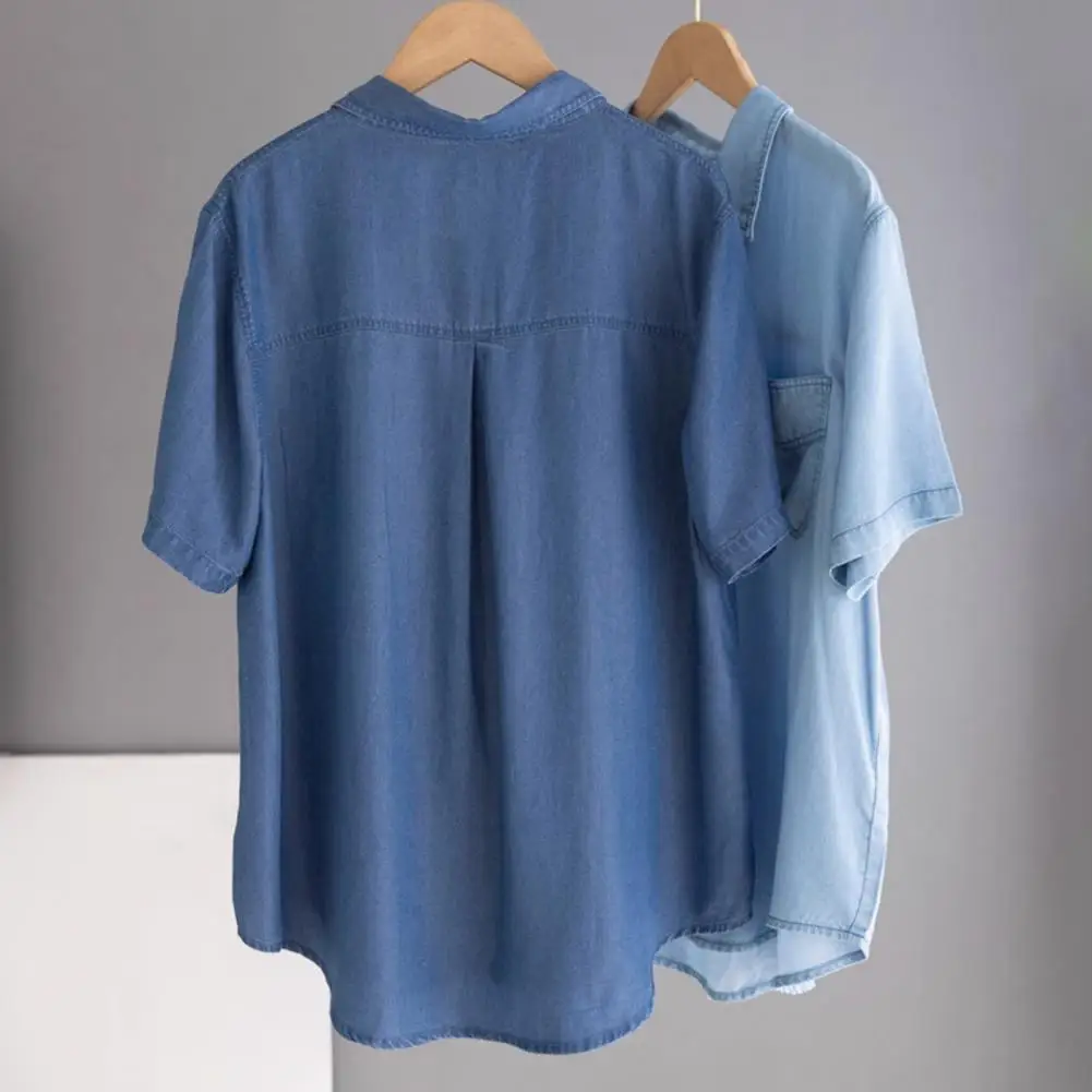 Women Denim Shirt with Multiple Pockets Stylish Women's Denim Shirt with Lapel Collar Short Sleeves Multiple for A for Women