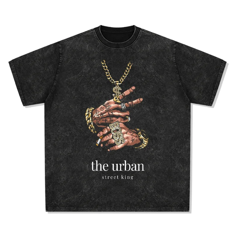 

2025 American Retro T-shirt, European and American Street Hip-hop Trendy Brand, Aged Washed Pure Cotton Round-neck Short-sleeved