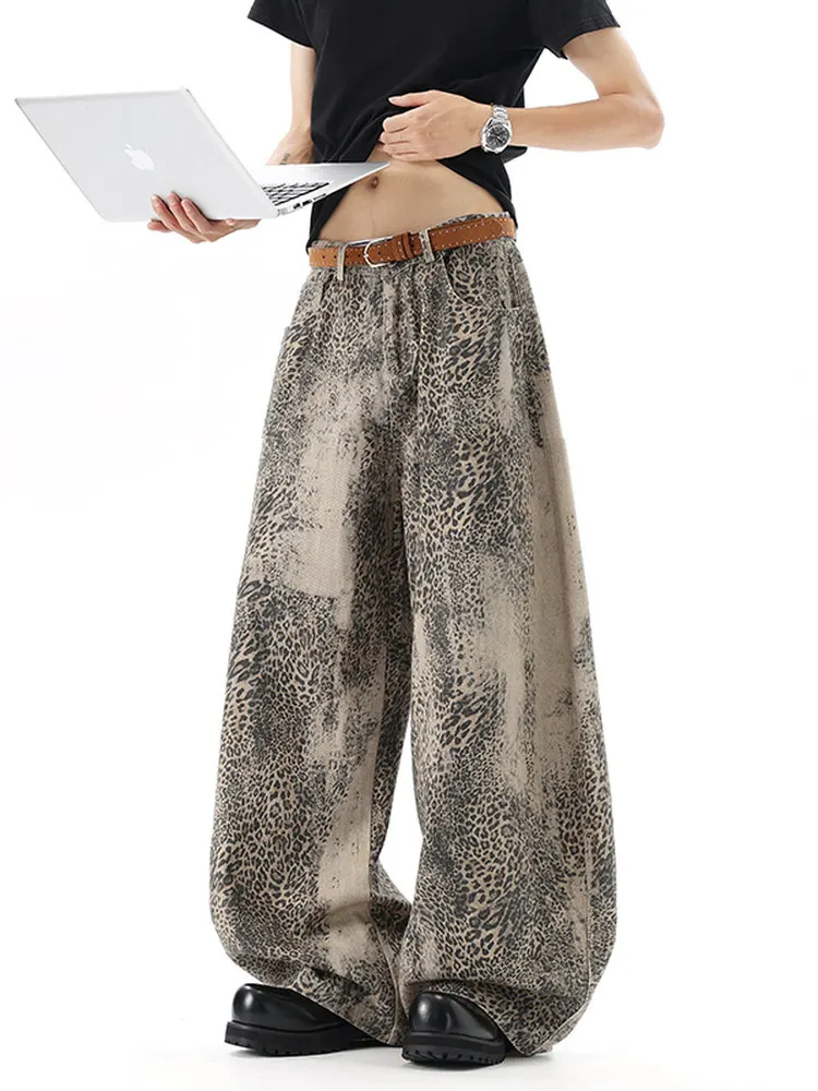High Waist Leopard Print Denim Color-block Long Wide Leg Jeans New Women Trousers Fashion Tide Autumn And Winter