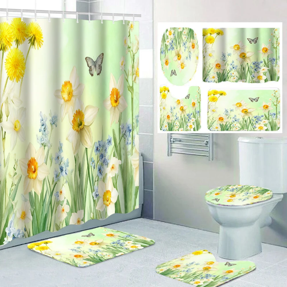 4-in-1 Schöner Blumen-Duschvorhang, Toilettensitz-Dekoration, Duschvorhang mit Teppich und Toilettendeckel, Größe 180x180 cm