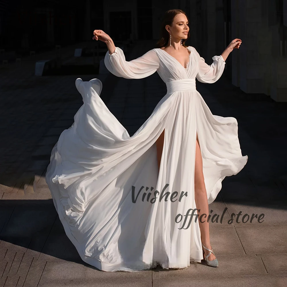 

Viisher White Chiffon Mermaid Wedding Dresses Long Sleeve V Neck Beach Bride Dress with Slit Long Bohemian Wedding Gowns