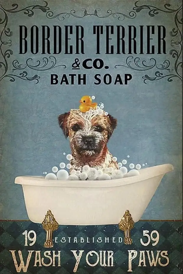 Border Terrier Bath Soap Aluminum Metal Sign Vintage Bar Home Bathroom Wall Decoration Sign Funny Cave Sign 8x12 Inch