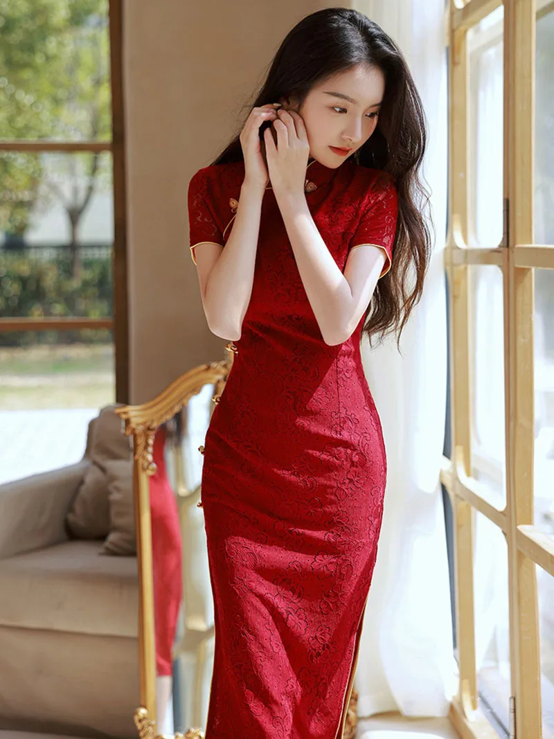 Cheongsam de manga corta para mujer, vestido de encaje Vintage mejorado, ajuste Delgado, elegante, rojo vino, boda, S a XXL