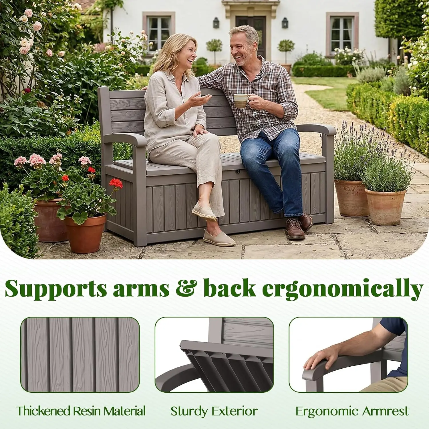110 Gallon Outdoor Storage Bench, Lockable Patio Storage Bench, Grey