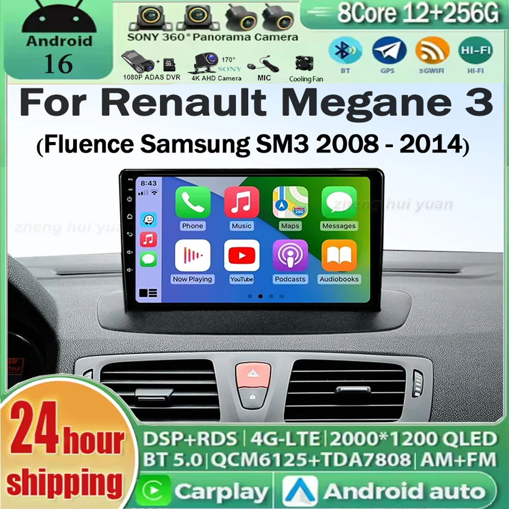 Android 16 For Renault Megane 3 Fluence Samsung SM3 2008 - 2014 Wireless CarPlay Auto Car Radio Stereo Navigation Multimedia DSP