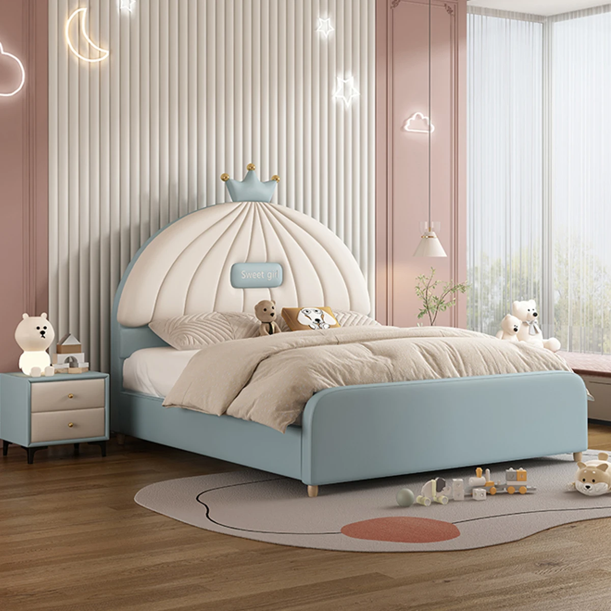 #For Leather Crown Children's Bed Set Home Cute Princess Bed Girls High Quality Wooden Children's Bed with Storage
