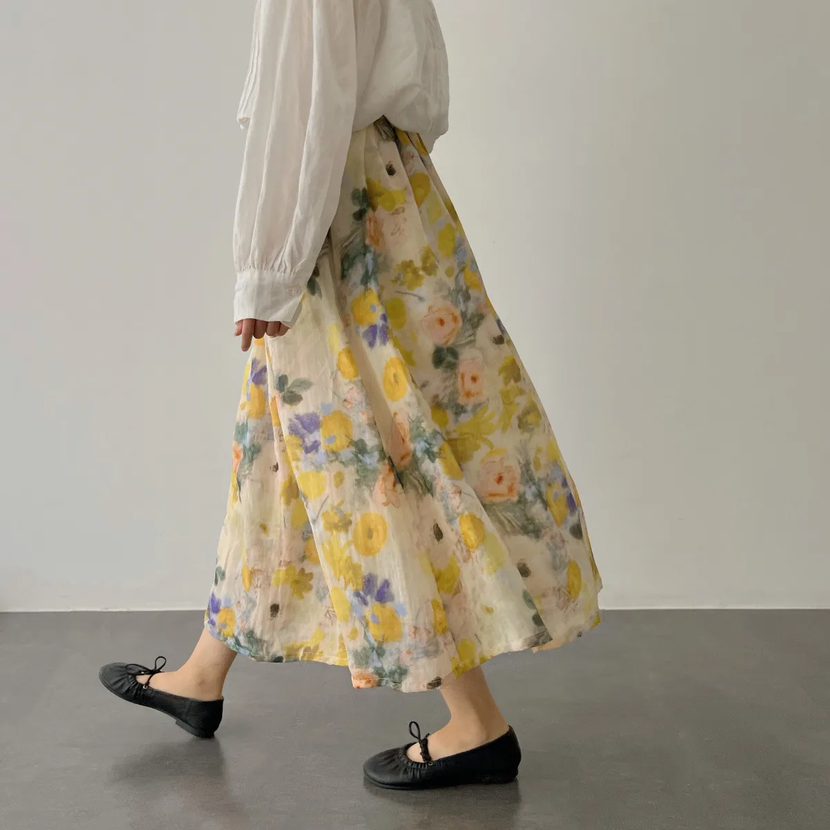 

High Quali Linen Oil Painting adient Color f Skirt A-Line Midi Skirt Summer Casual Women's Faion mid Waist