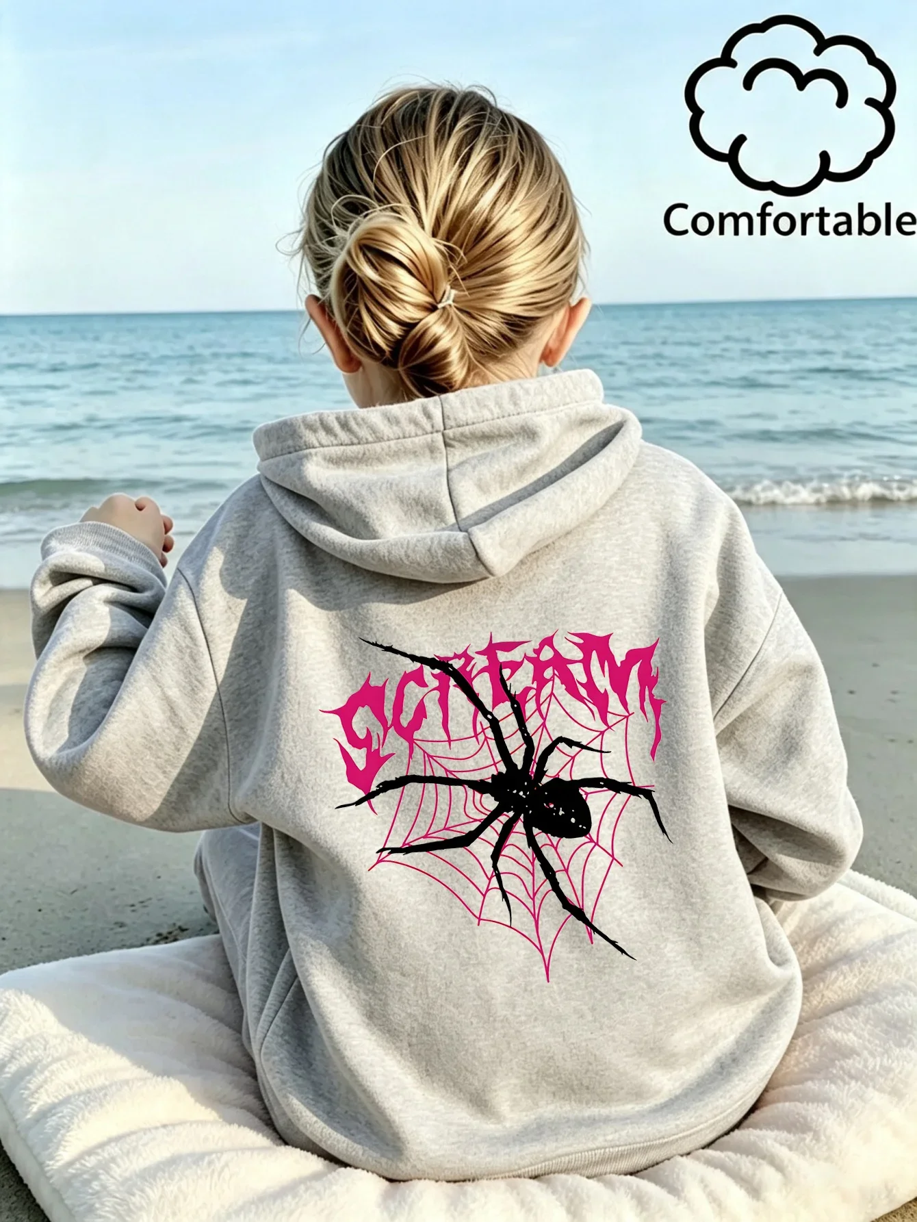 Halloween Kids Hoodie Grey Girls Fall Winter Pullover Spider Web Print Sweatshirt Scream Slogan Casual Long Sleeve