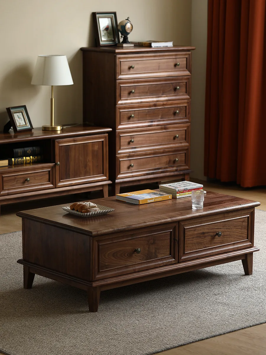 Solid wood coffee table black walnut with draw rectangular modern simple medieval tea table living room furniture storage