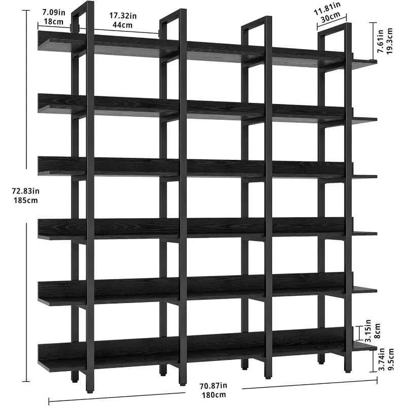 Etagere Bookcases with Back Fence for Home Office Decor,Bookcase and Bookshelves Triple Wide 6 Tiers Large Open Shelves