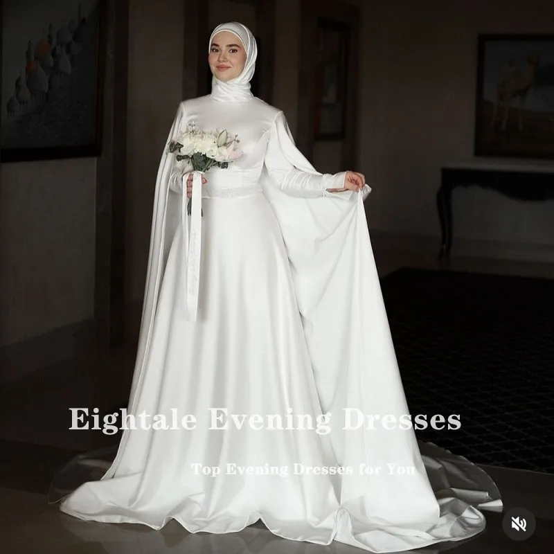 Eightale Muslim Wedding Dress High Neck Satin Customized Beaded Sashes Arabic Bridal Gown Long Sleeves Vestido De Noiva image 4