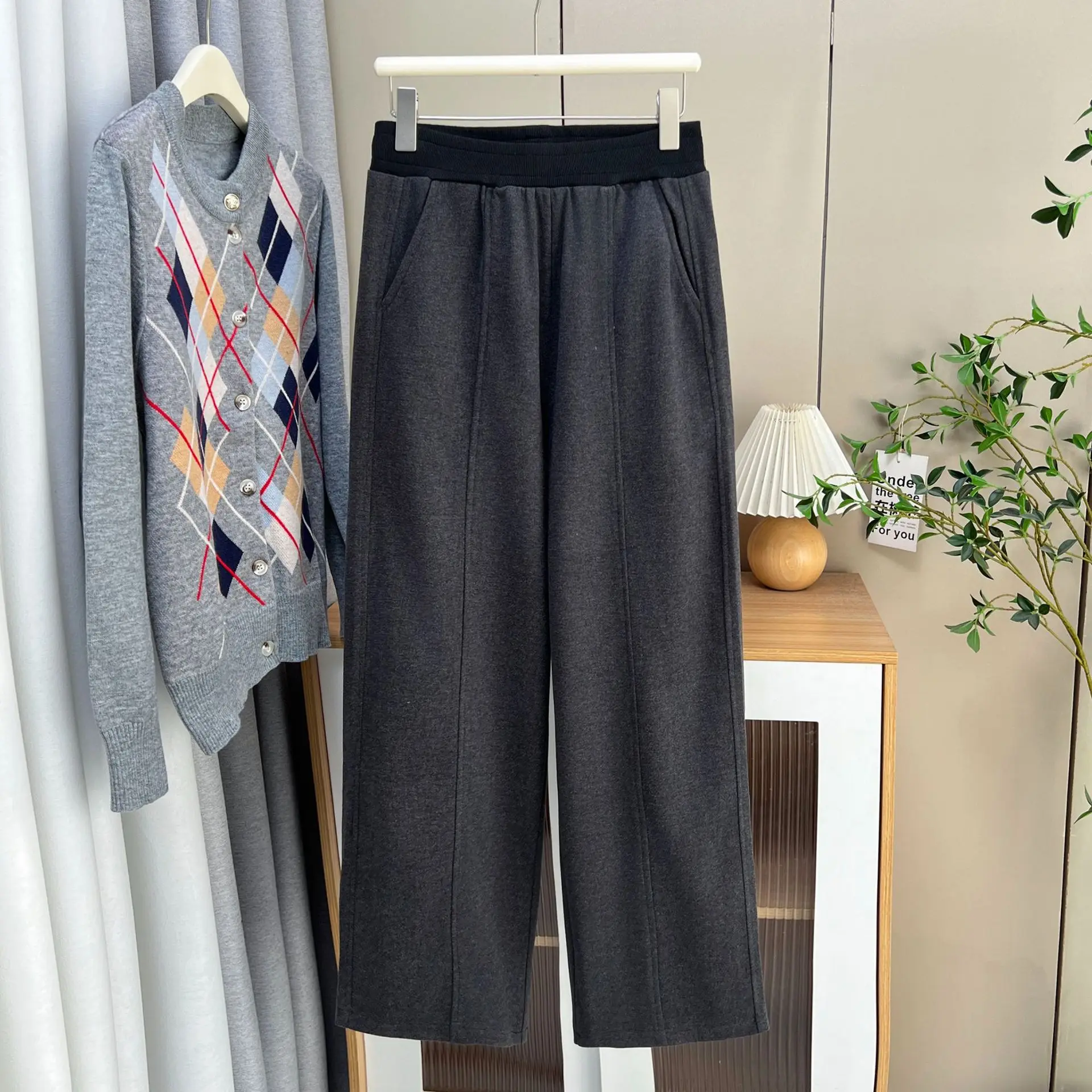 XXXXL Fashion Plus Size Woman Clothing Wide Leg Pants 2025 Autumn Winter Casual Color Matched Waist Woolen Curved Trousers 1752