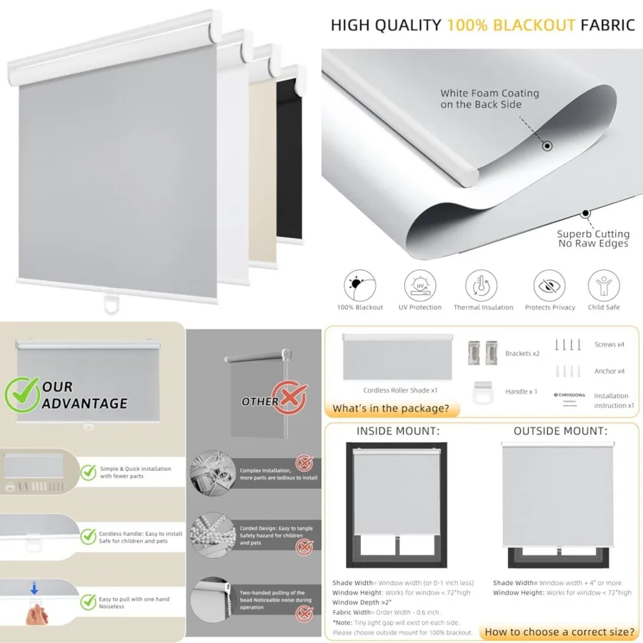 

Cordless out Roller Shades for Windows, Thermal Insulated UV Protection Pull Down Shades, Total out Window Blinds for Home, Off