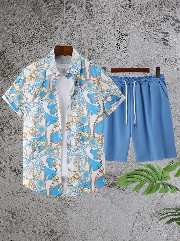 New Summer Fashion Hawaiian Men\'s Suit Men\'s Leaf Print Short-Sleeved Shirt Shorts 2-Piece Casual Comfort Plus Size Travel Suit