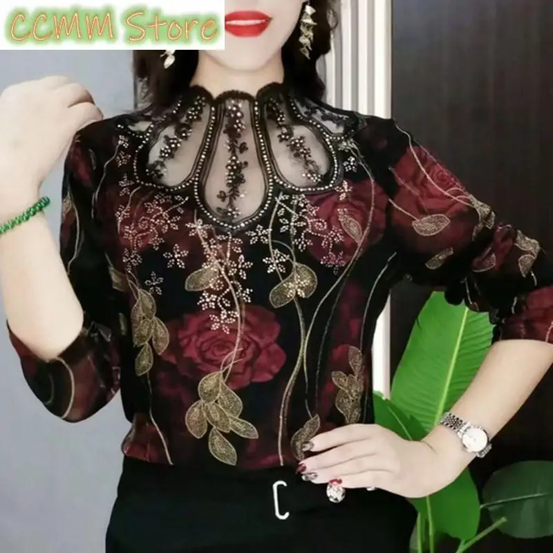 

Spring Autumn Gauze Lace Spliced Blouse Vintage Floral Printed Commute Women's Clothing Stand Collar Fashion Diamonds Slim Shirt