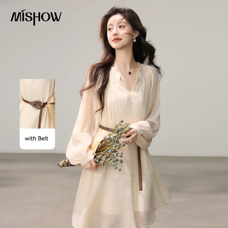 MISHOW Orange Texture V-neck Dress Summer 2026 Waist-cinching Slimming Ruffle Irregular A-Line Skirt Belt Included MXF16L2582