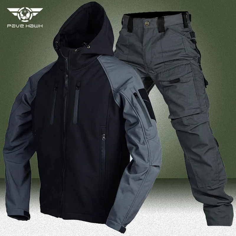 Military Soft Shell Sets Men Autumn Winter Shark Skin Waterproof Jackets+Multi-pocket Wear-resistant Cargo Pants NewTactical Set