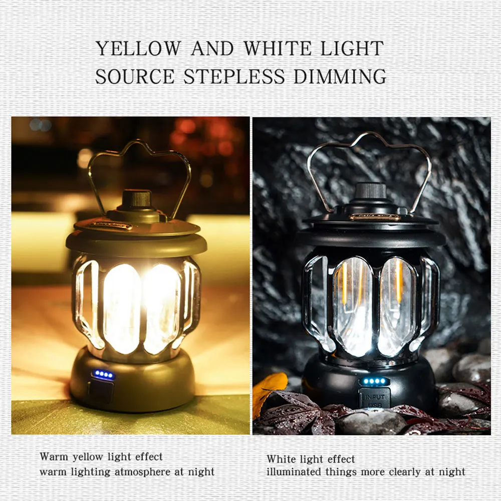 New Retro Portable Camping Lantern Rechargeable Light Hanging Lamp Outdoor Light Household 3 Modes Dimmable Flashlight With USB
