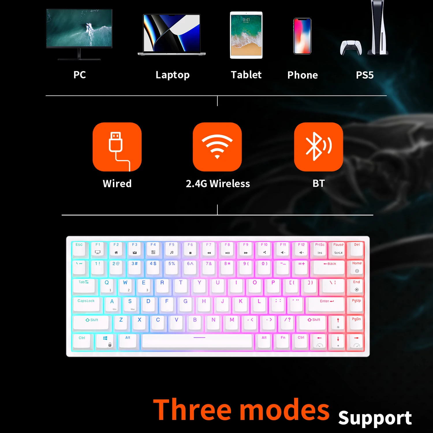 Royal Kludge RK84 Russian Spanish Tri-Mode Mechanical Keyboard Wireless 84Keys RGB BT5.0/2.4G/Wired Hot-Swappable Gamer Keyboard