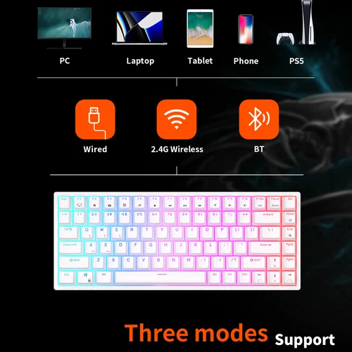 Imagen 2 del producto Royal Kludge RK84 Teclado mecánico ruso español de tres modos inalámbrico 84 teclas RGB BT5.0/2,4G/teclado de jugador intercambiable en caliente con cable