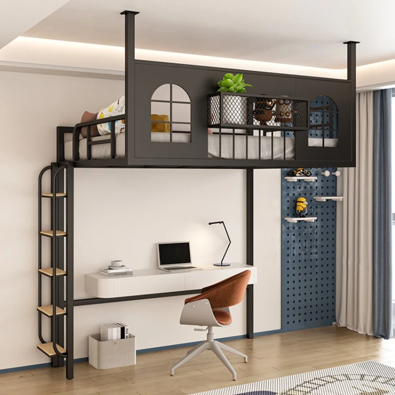 Modern wrought iron loft bed space-saving elevated bed floor empty simple small apartment wall-mounted bed frame empty