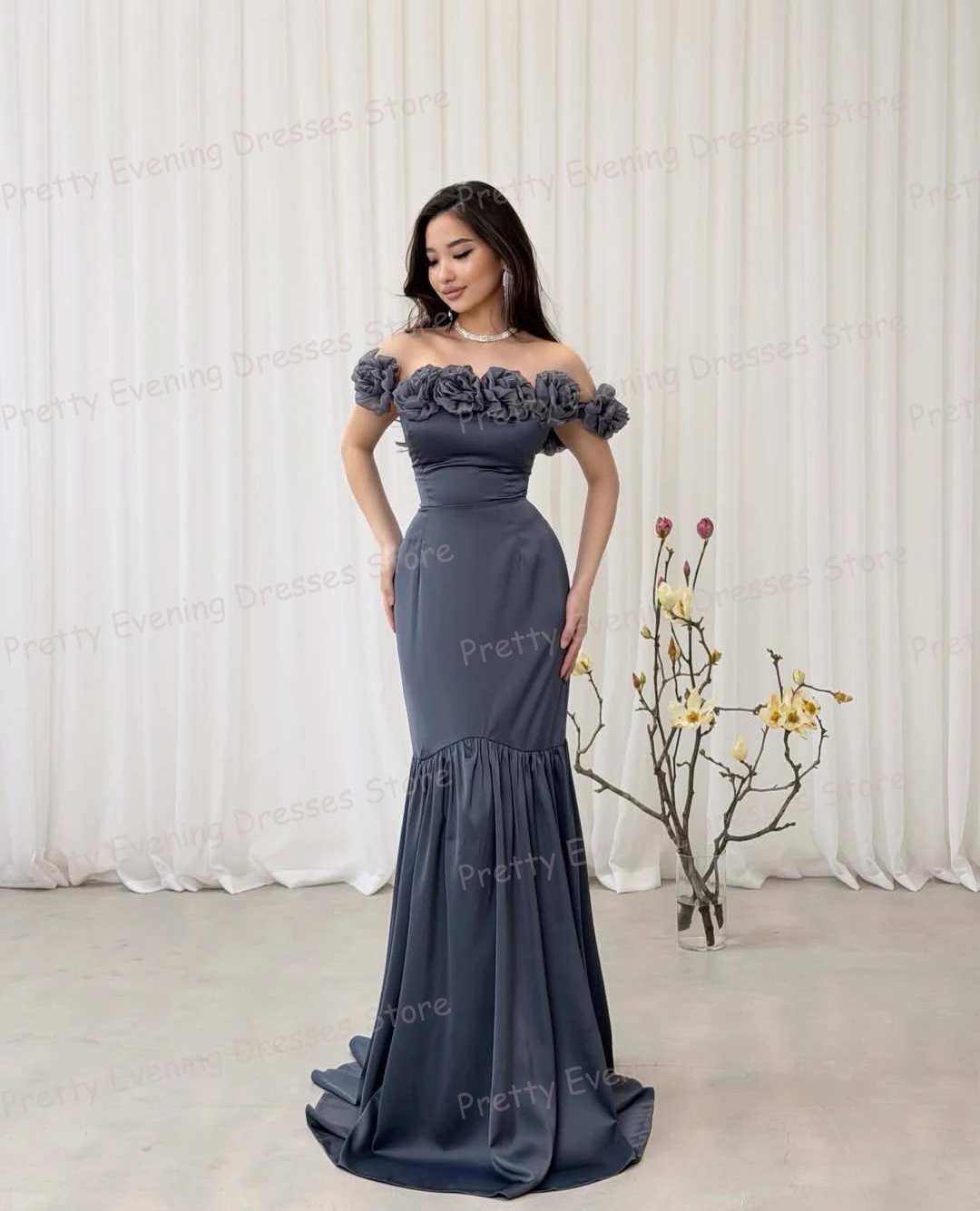 

Simple Evening Dresses Woman's Mermaid Flowers Off Shoulder Prom Gowns Backless Fashion Customized Formal Party فساتين