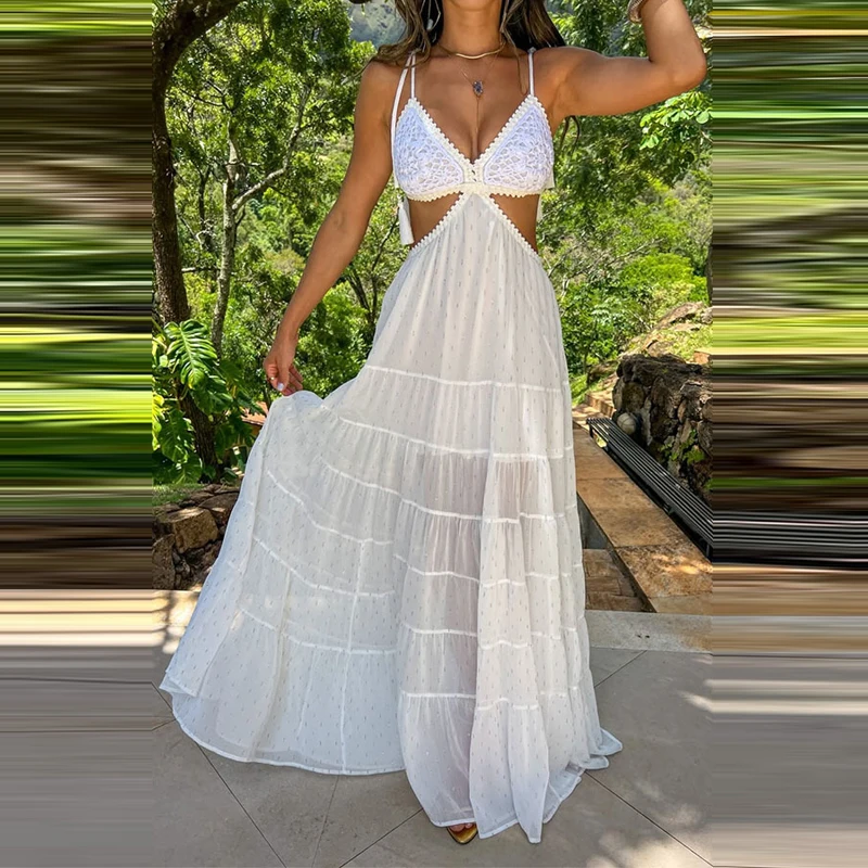 

Женское модное длинное платье без спинки с вырезом V-образной формы, на бретельках, с кружевными вставками, сексуальное, для отпуска и вечеринок