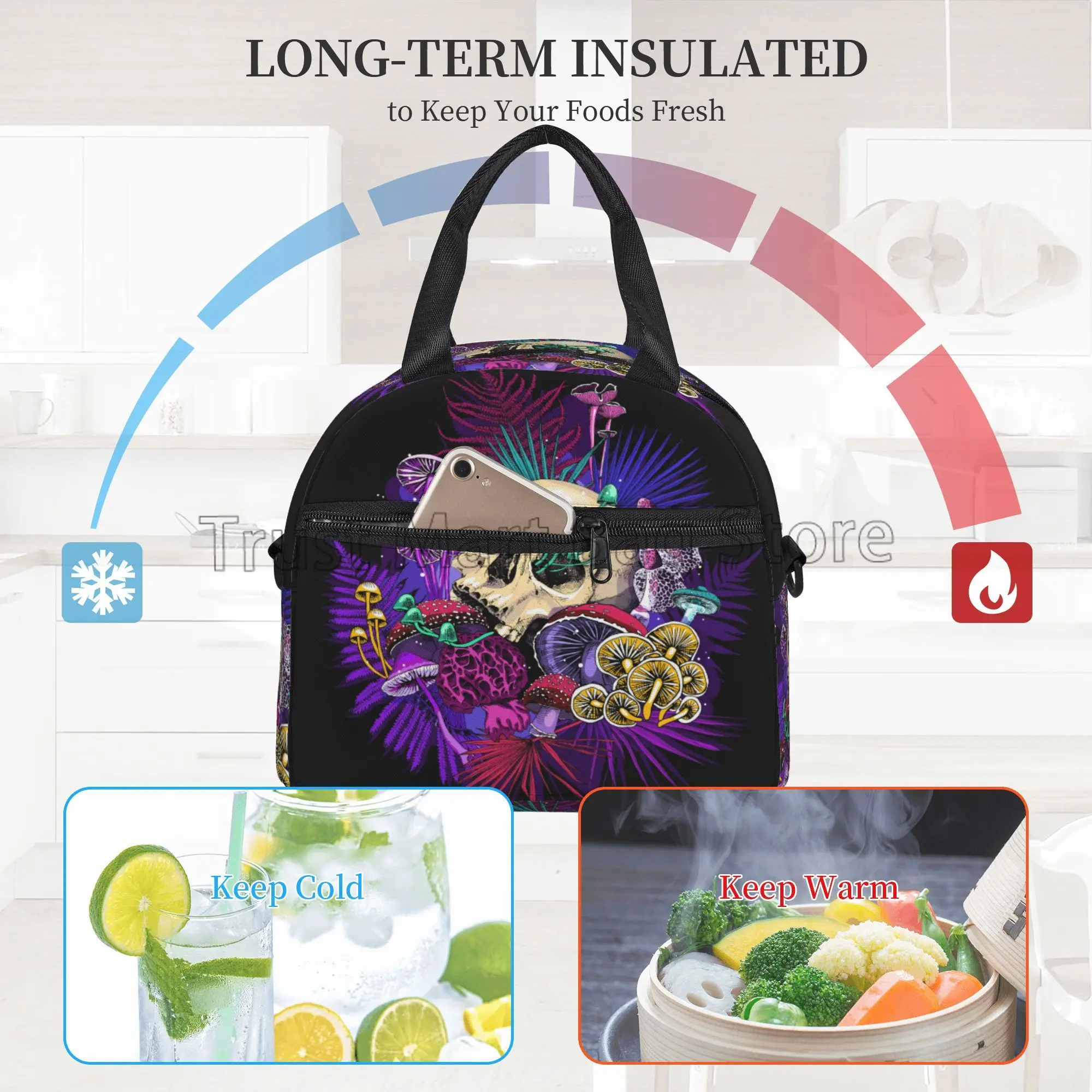 Mushroom Skull Insulated Lunch Bag for Women Men Work Resuable Portable Thermal Bento Tote Bags with Adjustable Shoulder Strap