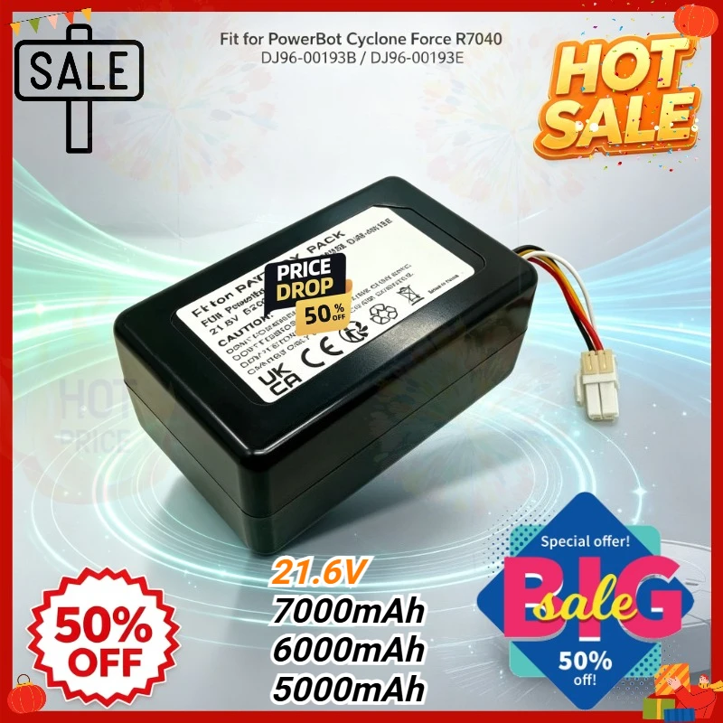 Robot Vacuum Cleaner Battery 21.6V 5000-7000mAh for Samsung PowerBot Cyclone Force R7040 DJ96-00193B DJ96-00193E R1AM7010UW /AA