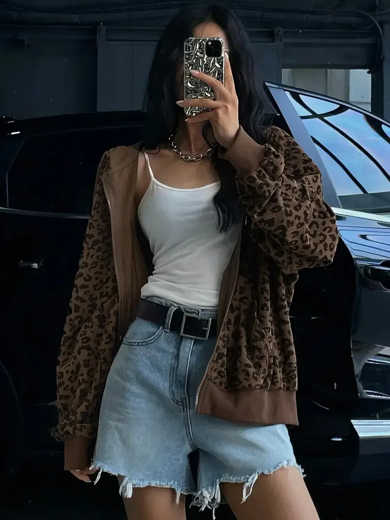 Women's Leopard Print Zipper Hoodie Loose Casual Long Sleeved Jacket Streetwear Comfortable Loose Fit Zip up Hoodie