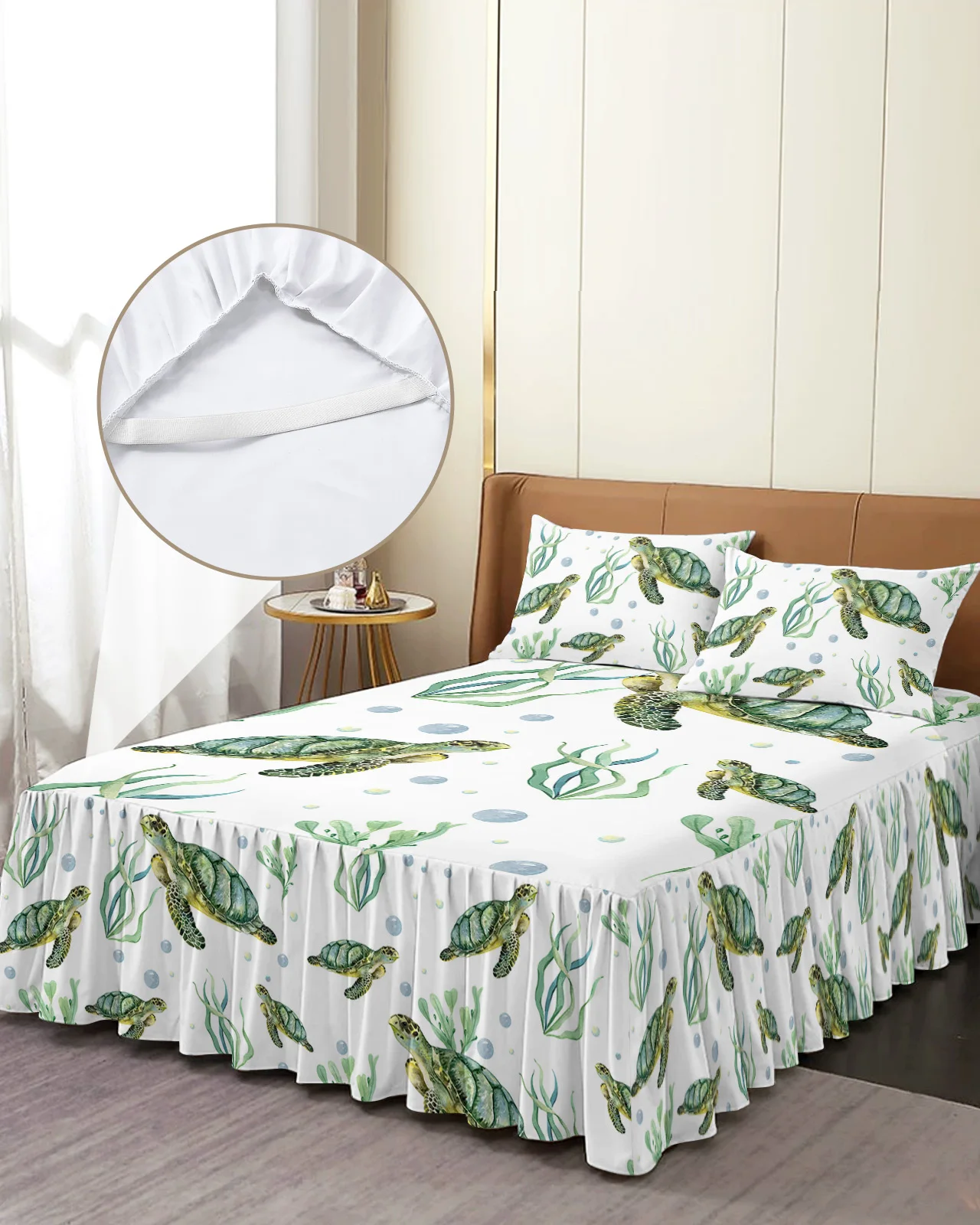 Marine Life Sea Turtle Coral Bed Skirt Elastic Fitted Bedspread With Pillowcases Mattress Cover Bedding Set Bed Sheet