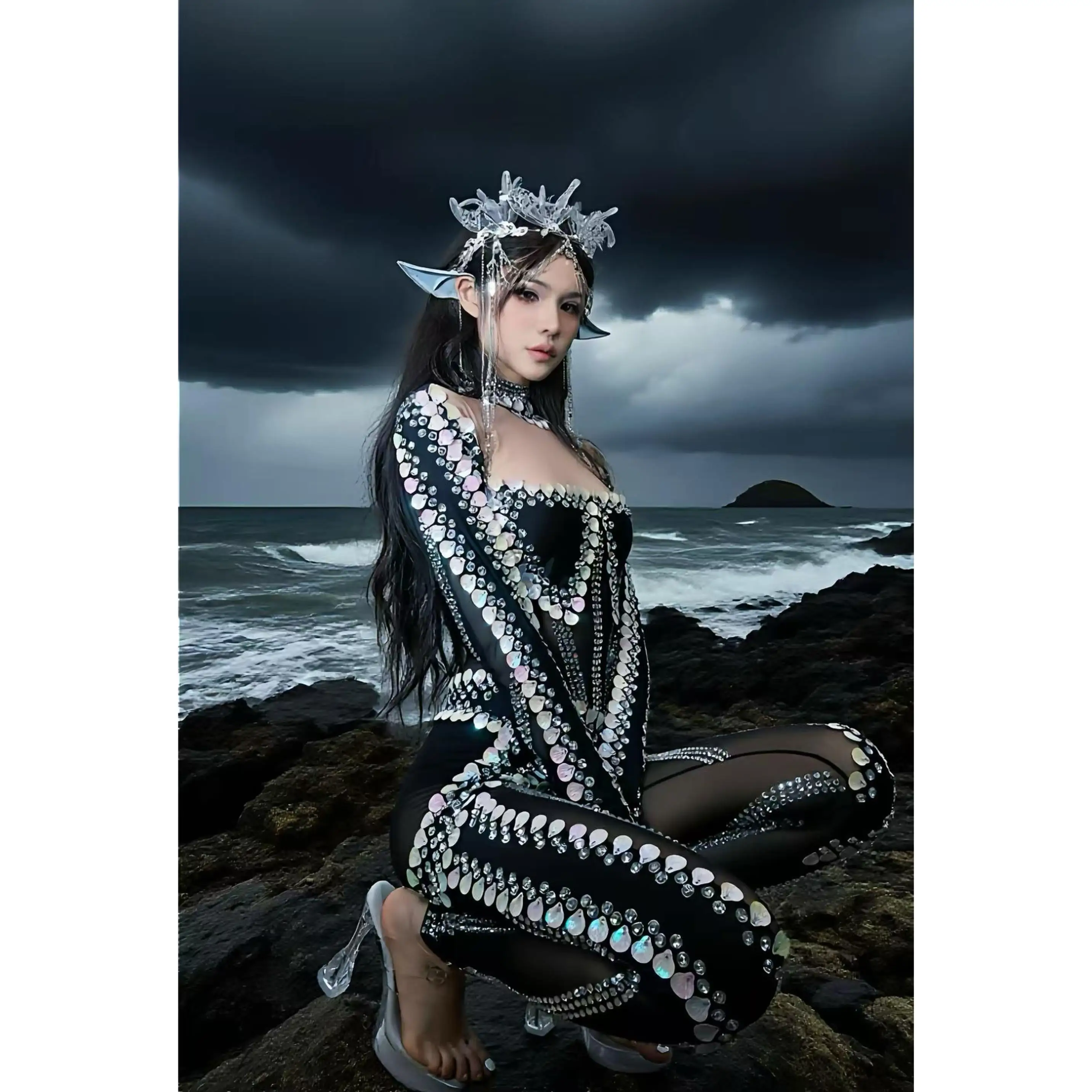 Diamant Mesh Perspektive Langarm Overall Nachtclub DJ Bar Sänger Frauen DS Gogo Tänzer Drag Queen Bühne Kostüme DN21615