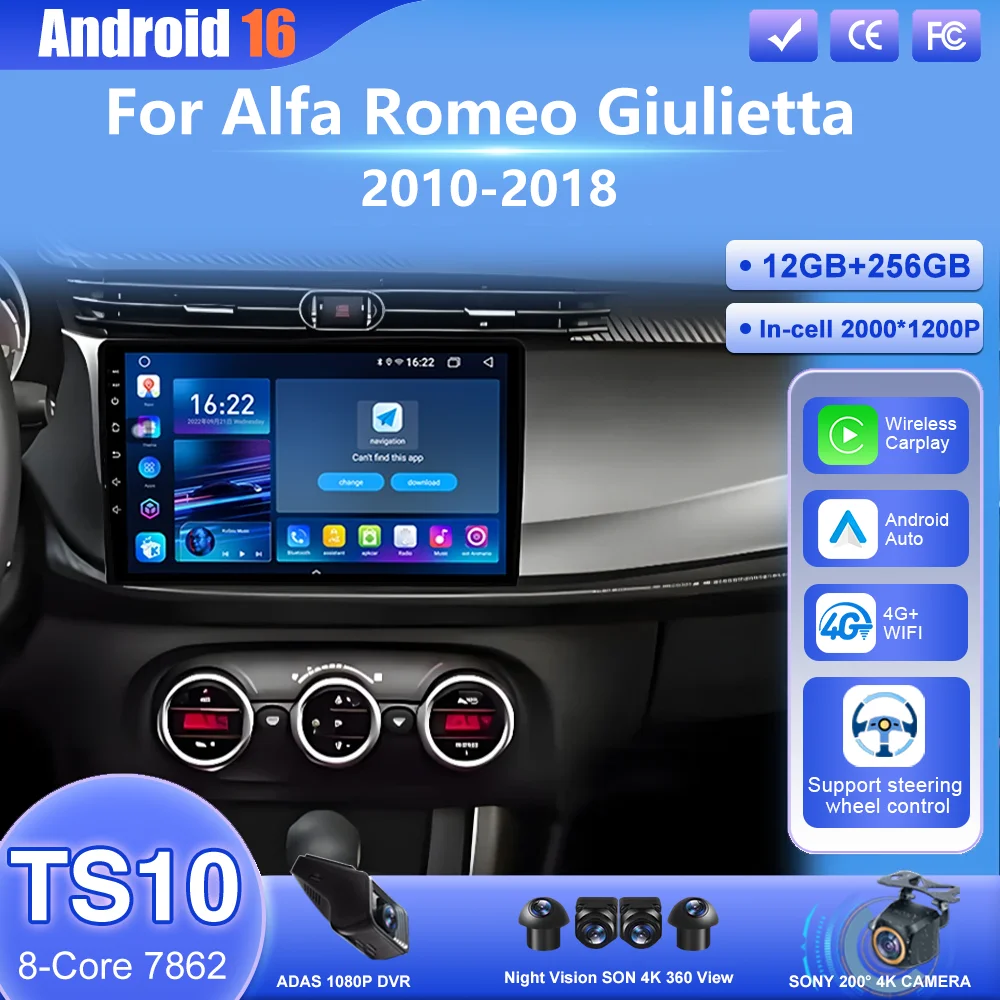 Android 16 para Alfa Romeo Giulietta 2010 2011 2012 2013 2014-2018 Auto Carplay coche DVD Radio estéreo GPS reproductor Multimedia Wifi
