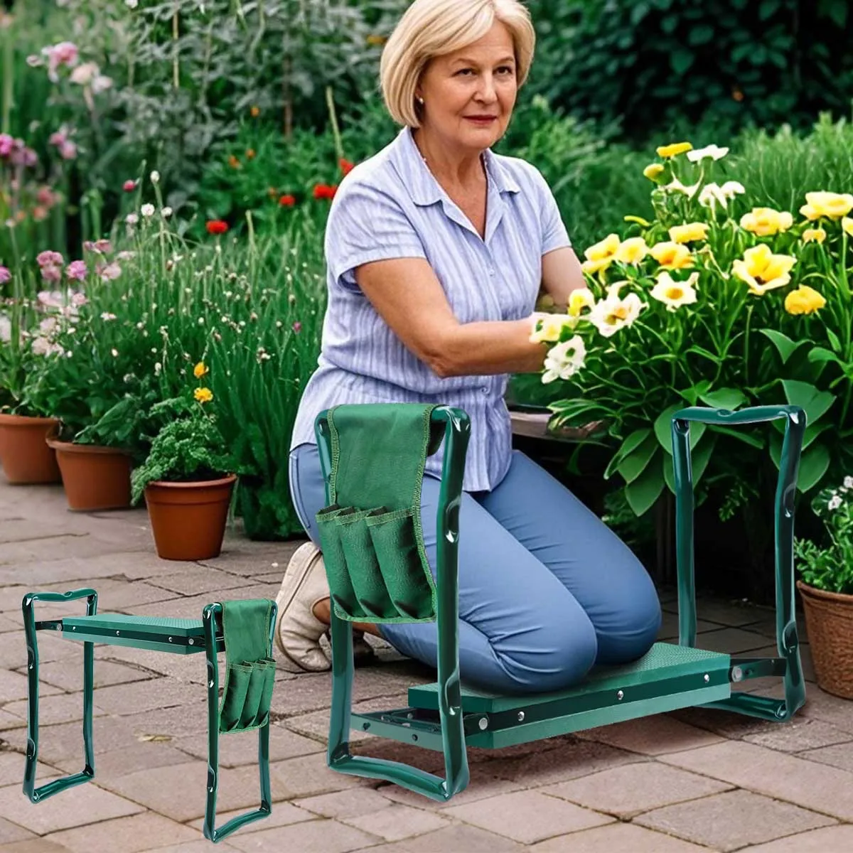 Accessoires de jardin : Siège de jardinage avec poignées, genouillères, tabouret de jardinage, coussinets de genouillère pour le jardinage, siège de jardinage robuste, rembourrage en mousse EVA, sac à outils amovible