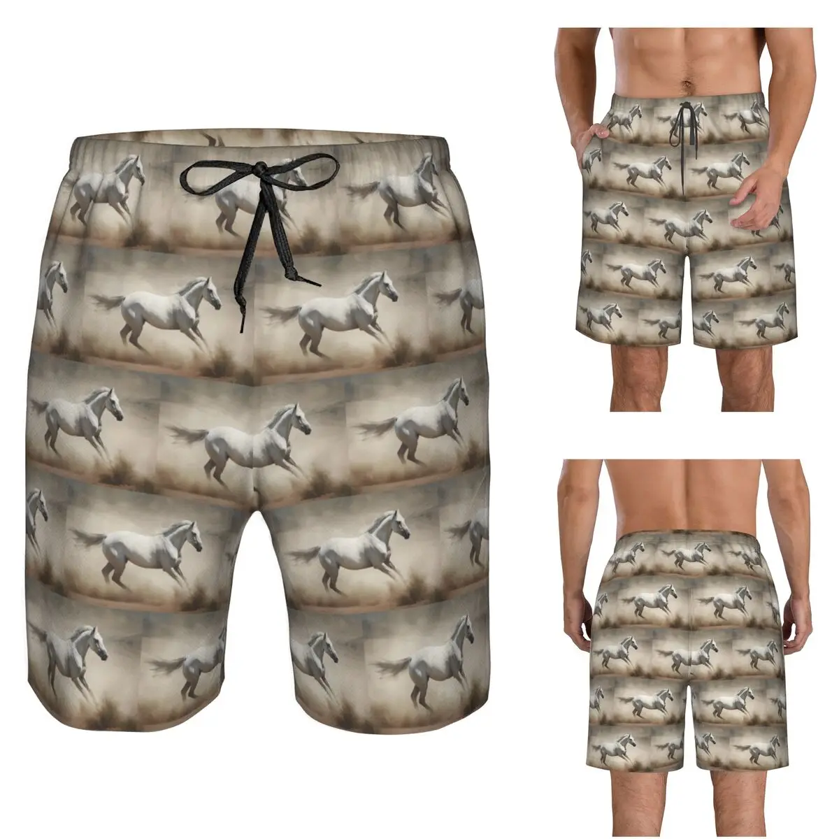 Horse Galloping In The Desert Illustration Trunks Beach Board Shorts Casual Quick Dry Swim Summer Men Pants