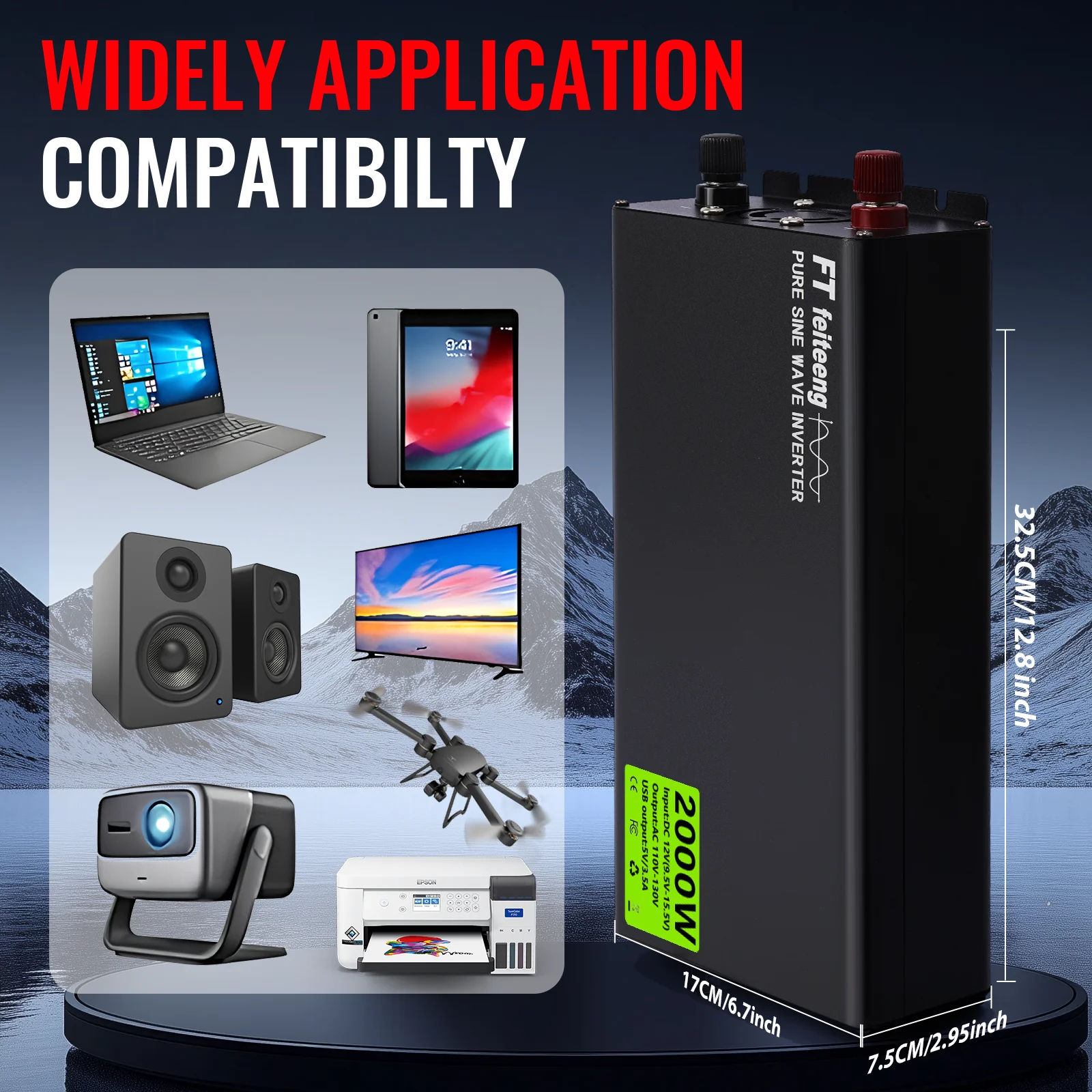 FT feiteeng 2000 واط/1500 واط/1000 واط محول طاقة موجة جيبية نقية 12 فولت إلى 110 فولت مع قابس أمريكي - للمركبات الترفيهية والتخييم والنسخ المنزلي #4